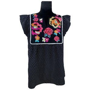 Savanna Jane Blouse Polka Dot Embroidered Floral Flutter Sleeve Top Size M